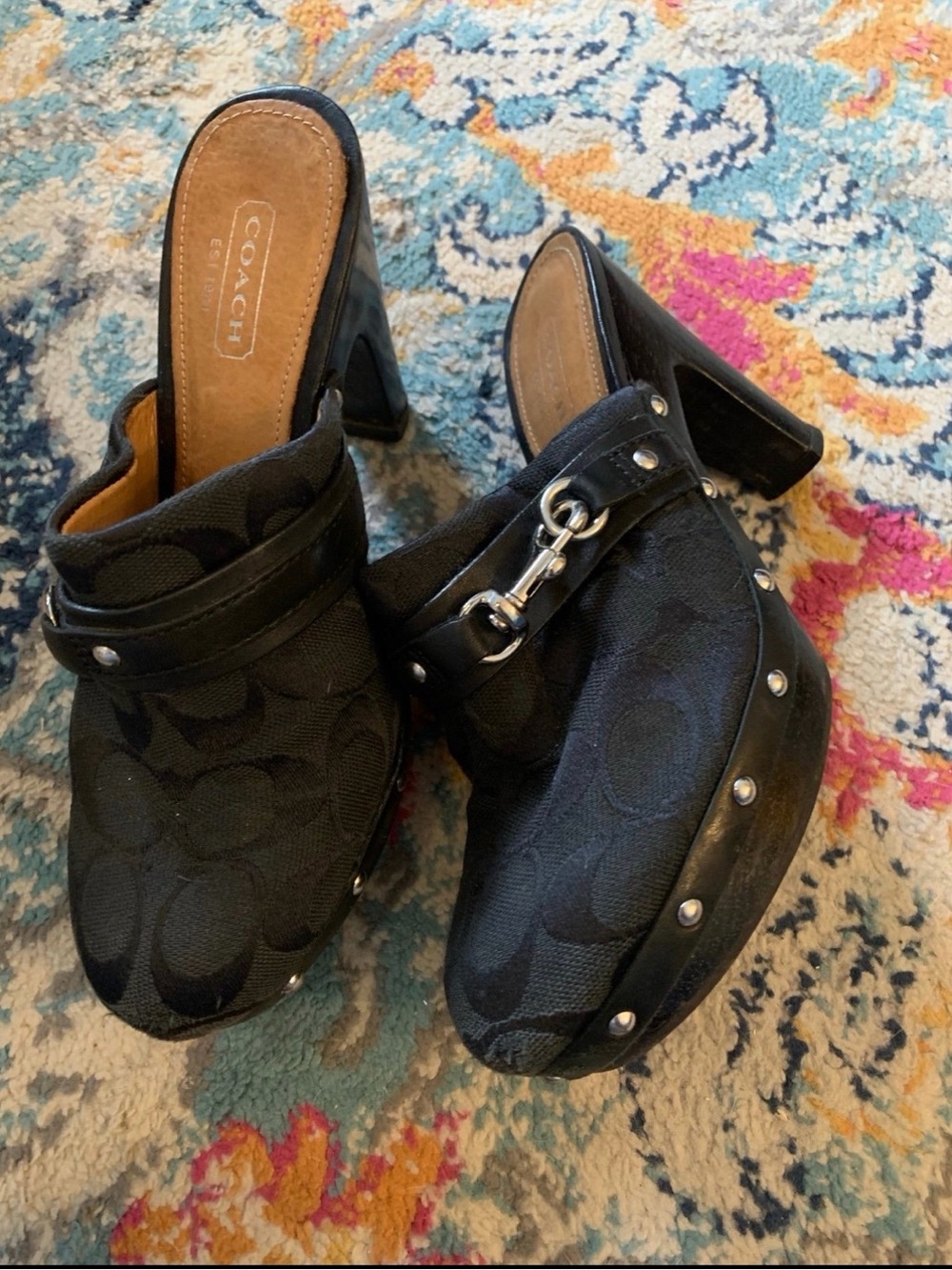 COACH ISADORA Women's Black Studded Signature Clog Heels Mules Size 5